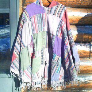 NWOT Jayli Hippie Cotton Stone Washed Patchwork Unisex Fringe Hoodie Poncho OS